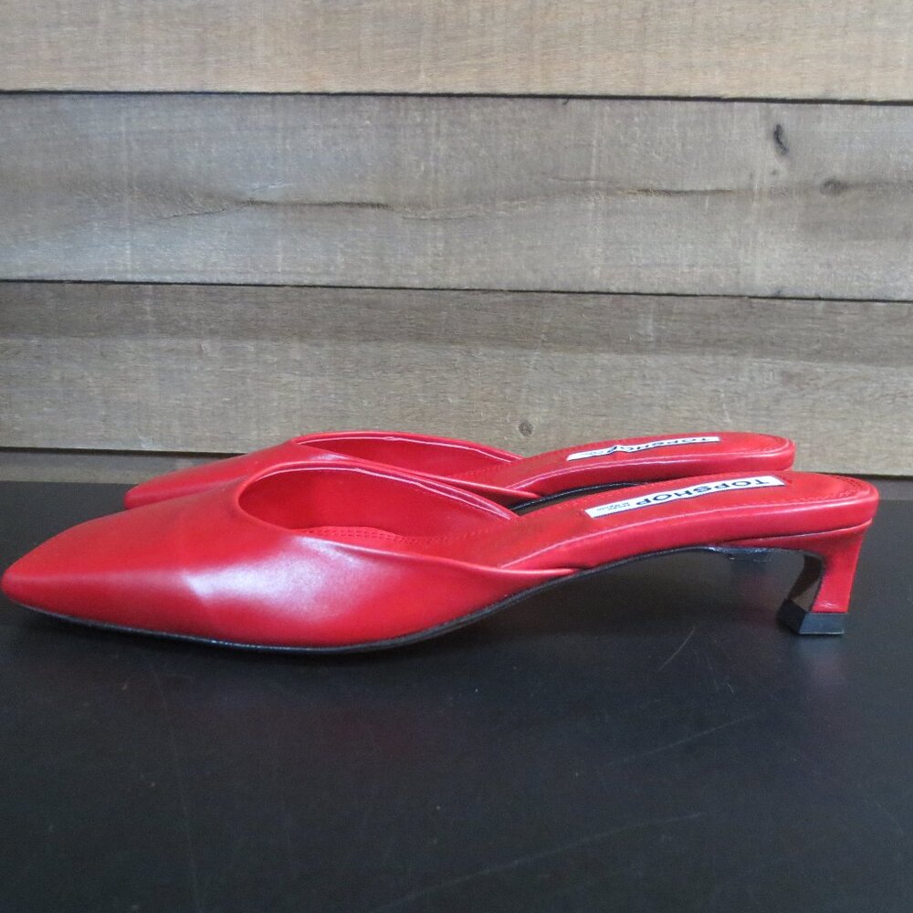 Topshop Audrey premium leather mid heeled square toe mules in red - UK 5 - US  7